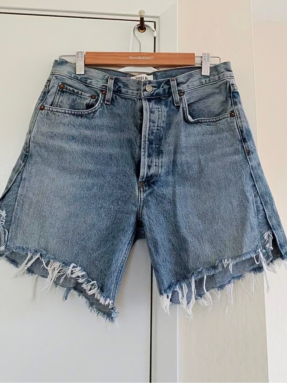 AGOLDE Raw Hem Light Blue Denim Shorts